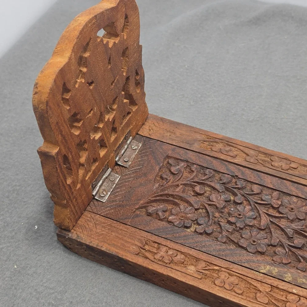 Vintage Hand Carved Floral Wood Book Slide Expandable Folding Desk Bookends B